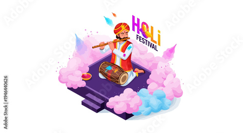 Vector illustration of a man playing a flute amidst colorful smoke and powder for Holi festival, a traditional Indian spring celebration of colors.