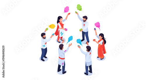 Vector illustration of people celebrating Holi festival with colored powder and balloons in a joyful spring celebration with Indian cultural traditions.