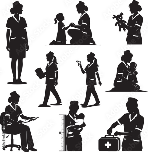 Set of 9 nurse and doctor silhouette icons vector