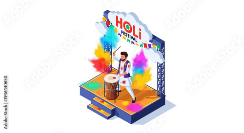 Isometric illustration of a man playing a drum on a colorful stage with a Holi festival backdrop and vibrant colored powder splashes.