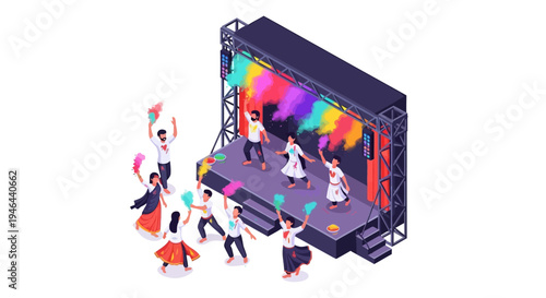 Isometric illustration of people celebrating Holi festival with colored powder on a stage with a large screen, conveying a joyful and vibrant spring celebration atmosphere with Indian