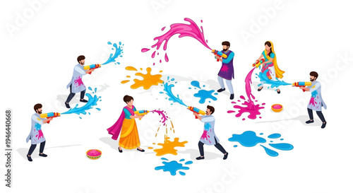 Vector illustration of people celebrating Holi festival with colored powder and vibrant splashes in a joyful and festive atmosphere.