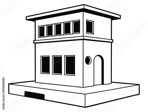 A simple black and white illustration of a modern building