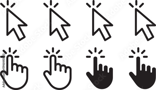 Hand cursor icon set with click selection and navigation arrow symbols in vector format