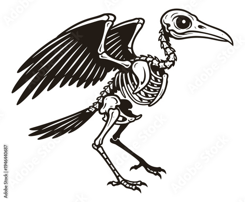 A detailed illustration of a bird skeleton in a dynamic pose