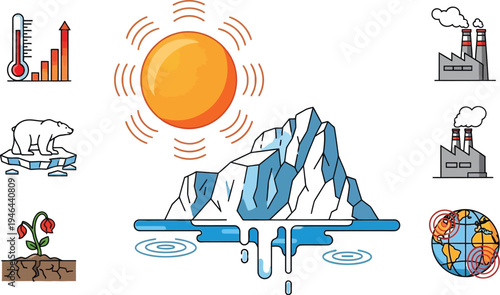 Visual representation of the urgent global warming crisis, highlighting melting ice, rising temperatures, industrial pollution, desertification, and endangered polar bear habitat.