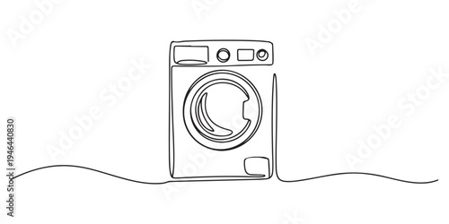 One single line drawing of front door washing machine. Single line drawing of household appliance. Editable stroke contour of washing machine. Doodle hand drawn vector Poster template