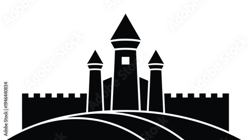 A black and white illustration of a medieval castle on a hill
