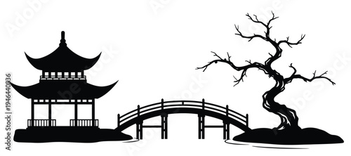 A serene Asian landscape with a pagoda and a bridge