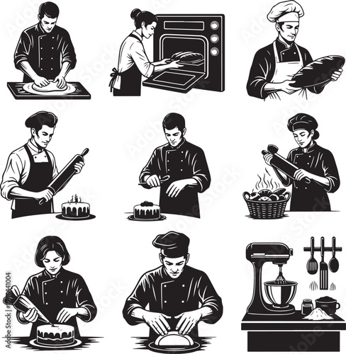 Set of 9 baking icons vector, black and white illustrations of bakers