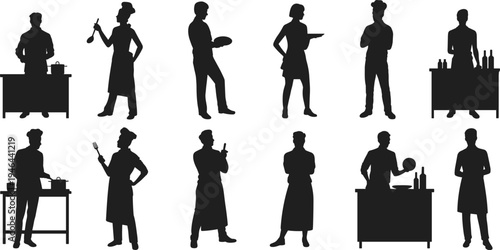 Culinary hospitality silhouettes illustration, chefs and waitstaff artwork, diverse kitchen activities, restaurant service concept, food industry design, professional cooking roles