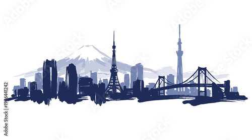 A stylized silhouette of the Tokyo skyline, featuring iconic landmarks like Tokyo Tower, Tokyo Skytree, and Mount Fuji in the background.