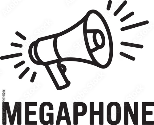 Illustration of a loud megaphone broadcasting sound waves with the word megaphone below it on a transparent background