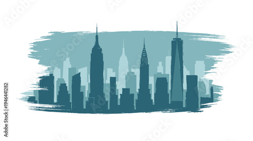 A stylized silhouette of the iconic New York City skyline, featuring prominent skyscrapers against a teal brushstroke background.