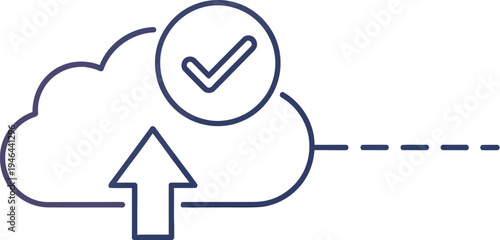 Cloud computing technology concept with checkmark icon and arrow uploading data to cloud storage service online