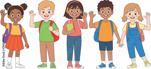 Happy diverse school children illustration, cartoon kids with backpacks, smiling students waving, inclusive education concept, cheerful classroom learning, childhood friendship