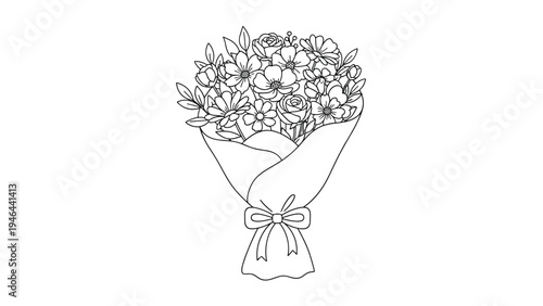 Detailed line art drawing of a beautiful flower bouquet wrapped in paper and tied with a ribbon for coloring book.