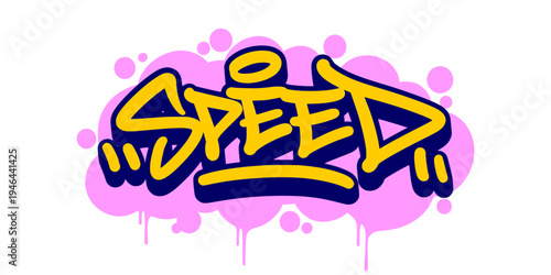 Speed Word Graffiti Tag Illustration in Creative Bubble Style with Pink Drip for Urban Sportswear Branding.