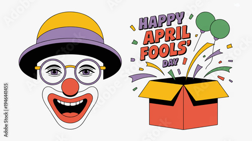 Clown face with glasses and hat next to open box with happy april fools' day text and colorful confetti
