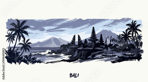 A serene illustration of the iconic Tanah Lot temple complex in Bali, Indonesia, perched on a rocky outcrop overlooking the ocean with palm trees and distant volcanoes.