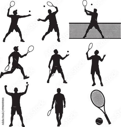 Set of 9 tennis player silhouettes vector