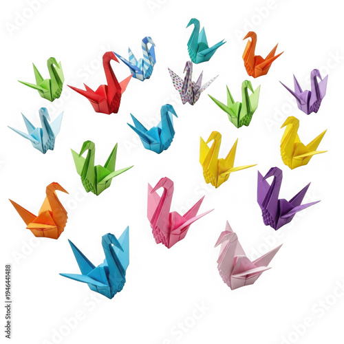 Colorful cartoon birds making peace hand gestures together isolated on transparent background