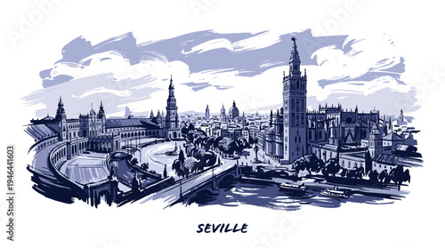 Panoramic sketch of the Seville skyline featuring iconic landmarks and a river.