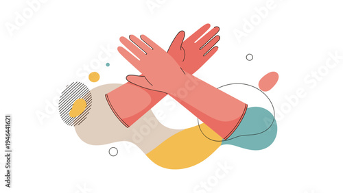 Artistic composition featuring a pair of pink protective rubber gloves crossed over abstract shapes and dots on a clean white background.
