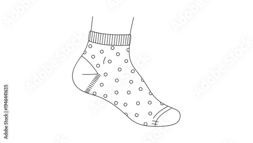 Black and white line drawing of a foot wearing a simple ankle sock decorated with a polka dot pattern on a plain white background.