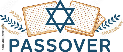 Blue star of david on three matzo with gold laurel leaves and passover text