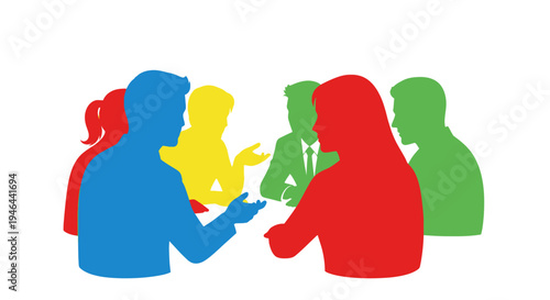 Group of people in colorful silhouettes.