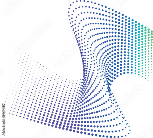 Abstract flowing wave-like formation of colored dots in rainbow gradient transitioning from purple to green