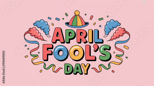 Colorful april fool's day celebration graphic with confetti and party hat on pink background