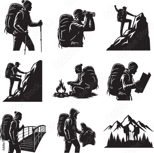Set of 9 hiking icons vector, black silhouettes