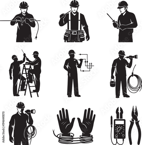 Set of 9 electrician worker icons vector