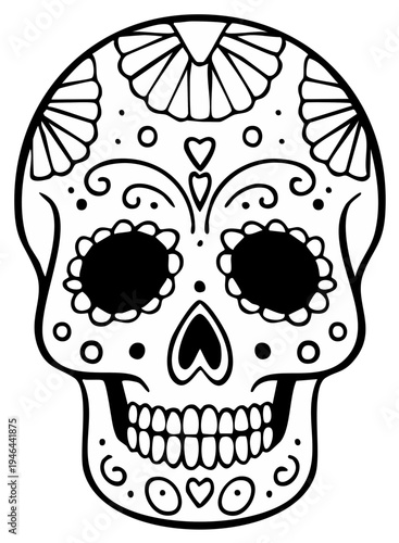 Intricate Black and White Sugar Skull Art with Floral and Heart Motifs