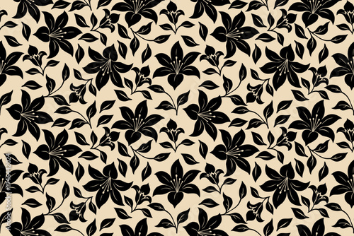 Photos Seamless black floral pattern with elegant lily flowers and leaves on a soft beige background