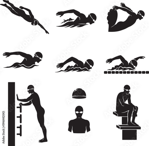 Set of 9 swimming icons vector