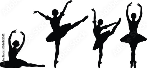 Ballet silhouettes, tutu dancers, graceful poses, elegant movement, flexibility art, classical dance, performance vector, artistic sport, stage illustration, flavector