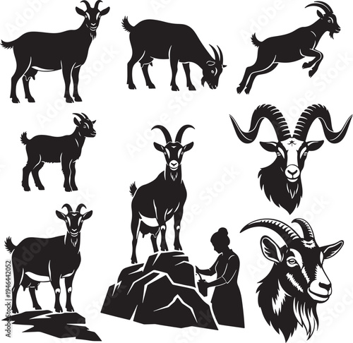 Set of 8 goat icons vector, black silhouettes