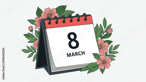 Desktop calendar displaying the date of 8 march for international women's day surrounded by beautiful pink flowers and green leaves.