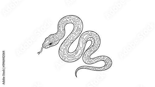 Detailed black and white line art illustration of a coiled snake with intricate scale patterns and a flicking tongue on a white background.