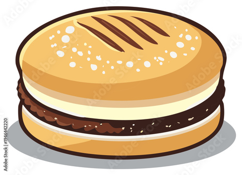 Cartoon Style Sandwich with Patty and Bun Toppings Delicious Fast Food Snack