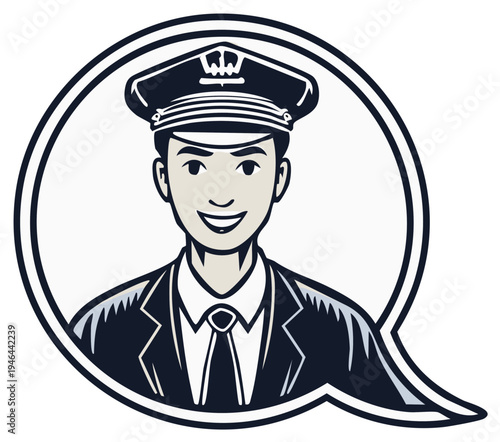 Smiling officer portrait in a speech bubble, vector illustration, cartoon style