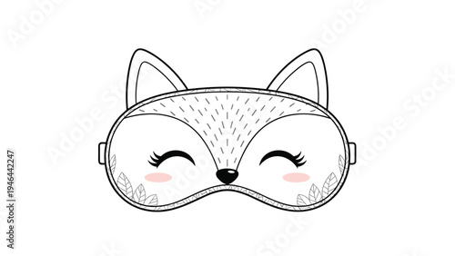 Adorable line art drawing of a fox themed sleep mask with closed eyes pink cheeks and leaf details perfect for children or animal lovers.