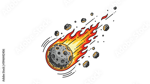 Vibrant illustration of a flaming meteor or asteroid hurtling through space surrounded by smaller rocks and fire trails.