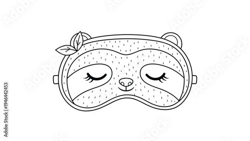 Charming line art illustration of a sloth themed sleep mask with closed eyes a peaceful expression and small leaves for a relaxed feel.