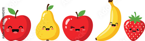 Cartoon fruits, smiling apple, happy pear, cheerful banana, cute strawberry, playful characters, kids design, educational illustration, healthy food, flavector