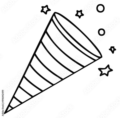 Striped party popper with stars and circles, festive celebration design element, black and white outline drawing