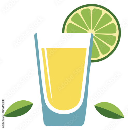 Simple vector illustration of a tequila shot with a fresh green lime slice garnish